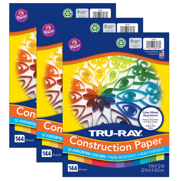 Color Wheel Assortment, 12 Colors, 9 x 12in, 144 Sheets, PK3